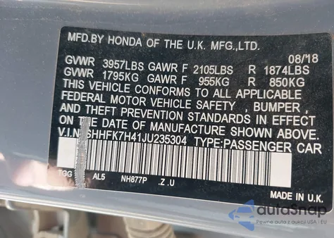 2018 Honda Civic Sport from USA, damaged, VIN SHHFK7H41JU235304